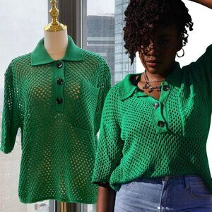 🆕 FARM Rio 🧿 NWOT Kelly Green Crochet Collared Polo, Sz L